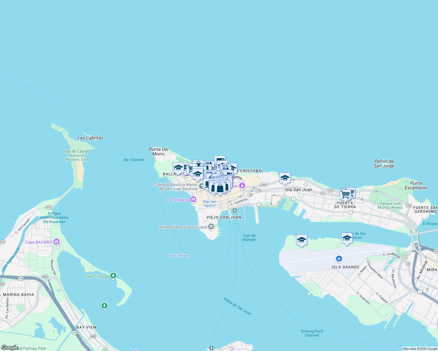 map of restaurants, bars, coffee shops, grocery stores, and more near 260 Calle Norzagaray in San Juan