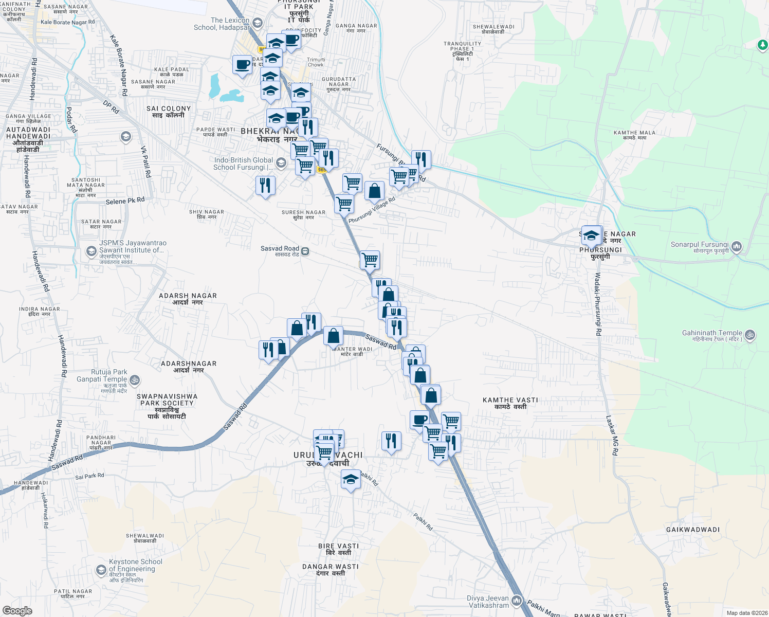 map of restaurants, bars, coffee shops, grocery stores, and more near Pune Saswad Road in Fursungi
