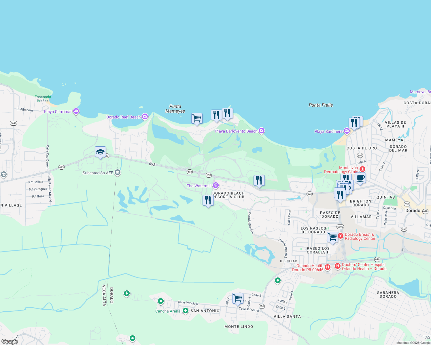 map of restaurants, bars, coffee shops, grocery stores, and more near Carretera Puerto Rico 693 in Dorado