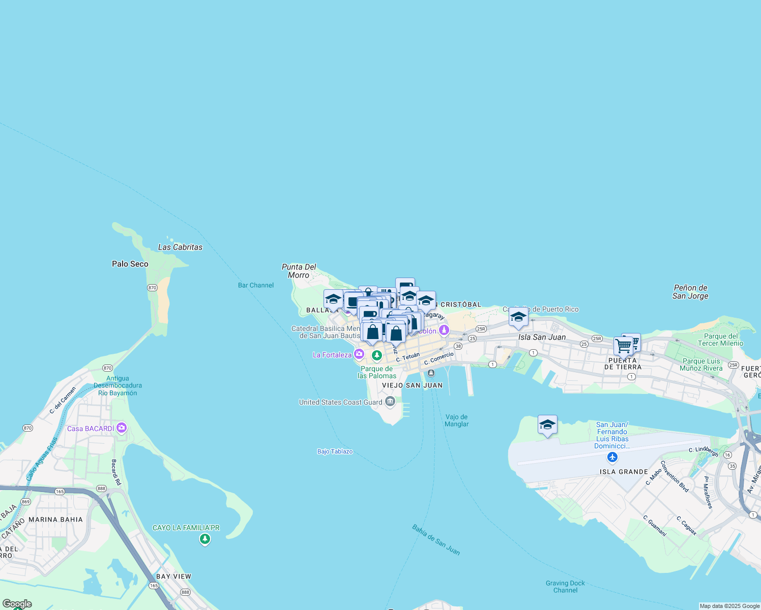 map of restaurants, bars, coffee shops, grocery stores, and more near Calle Tiburcio Reyes in San Juan