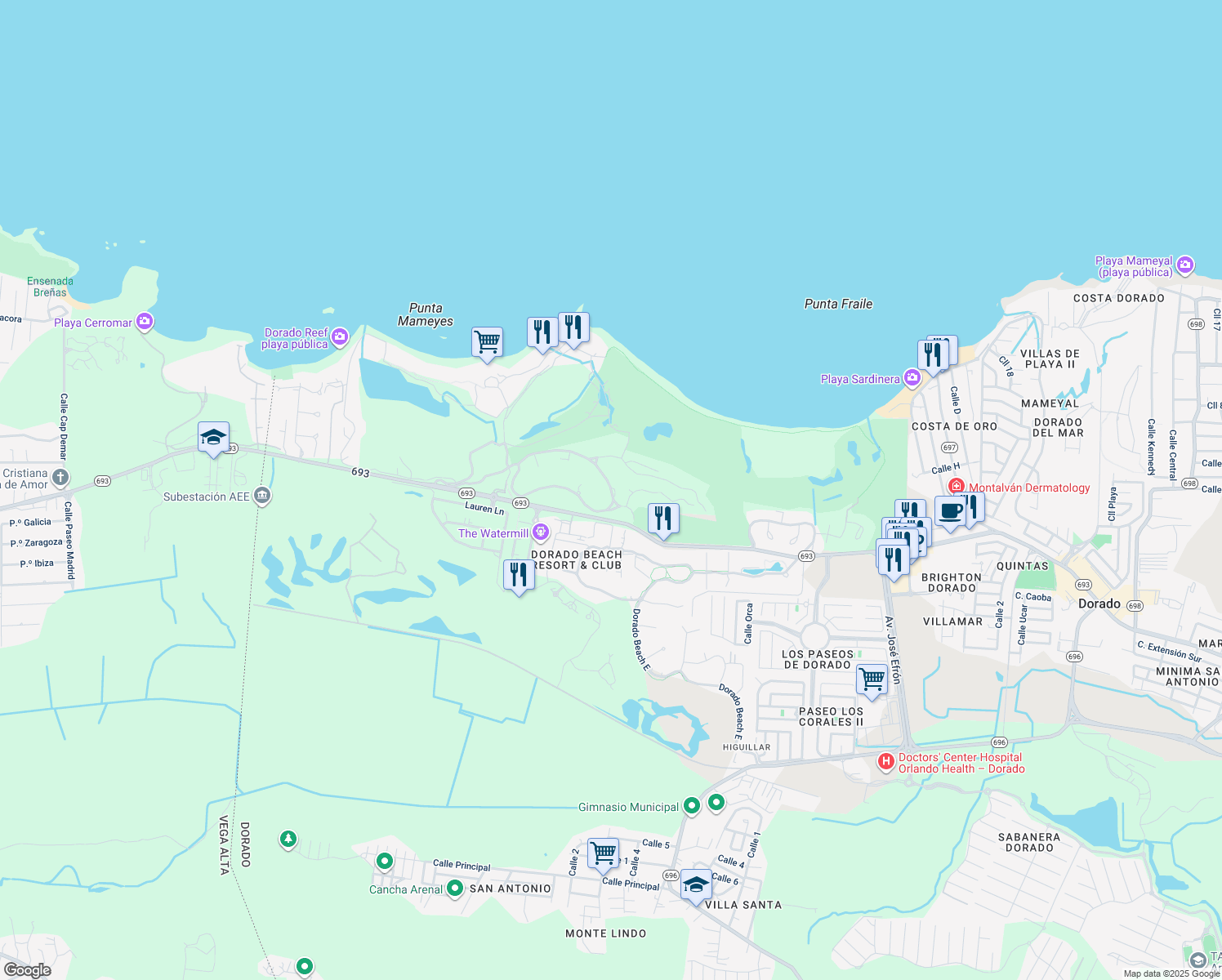 map of restaurants, bars, coffee shops, grocery stores, and more near Carretera Puerto Rico 693 in Dorado
