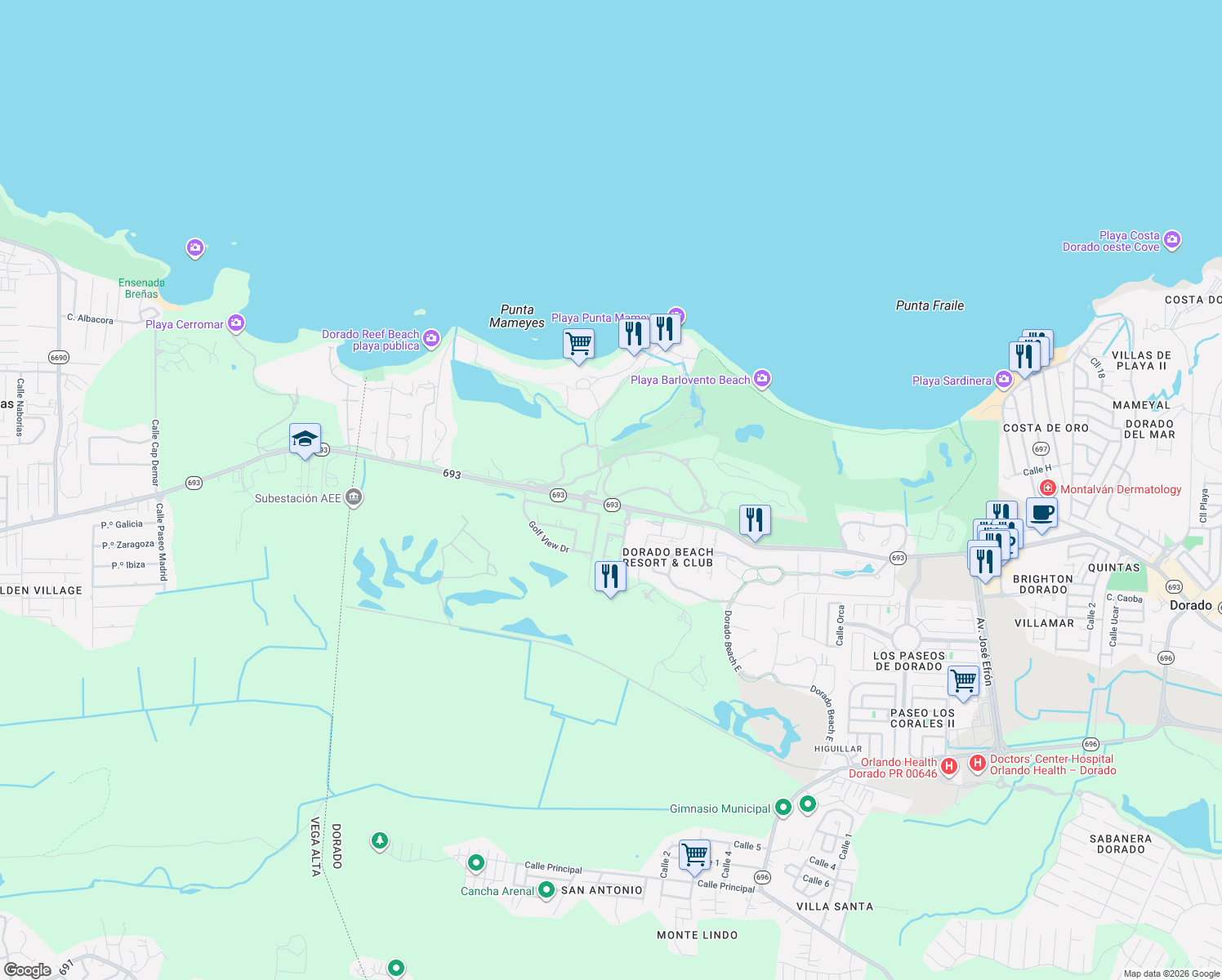 map of restaurants, bars, coffee shops, grocery stores, and more near Carretera Puerto Rico 693 in Dorado