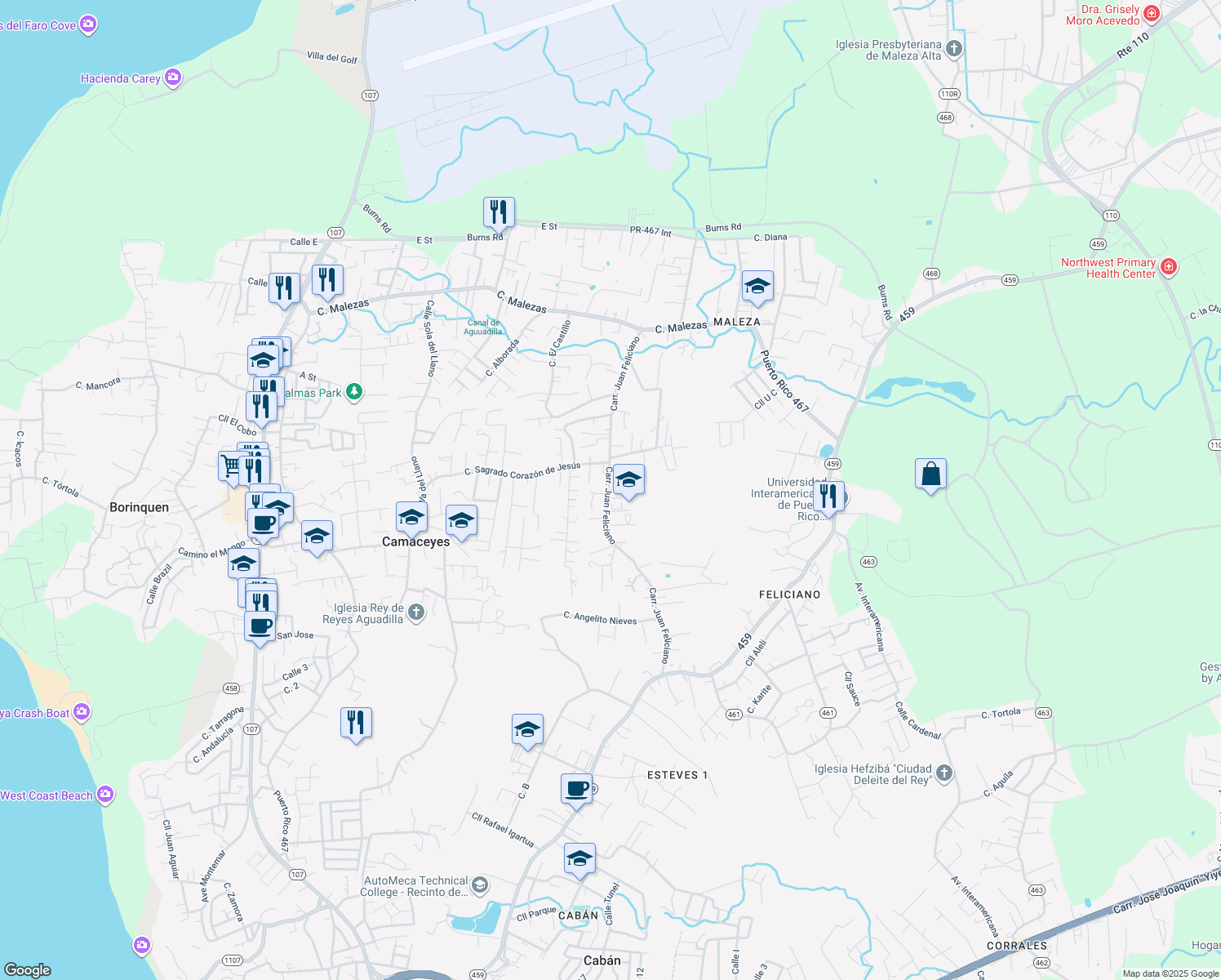 map of restaurants, bars, coffee shops, grocery stores, and more near Carretera Juan Feliciano in Aguadilla