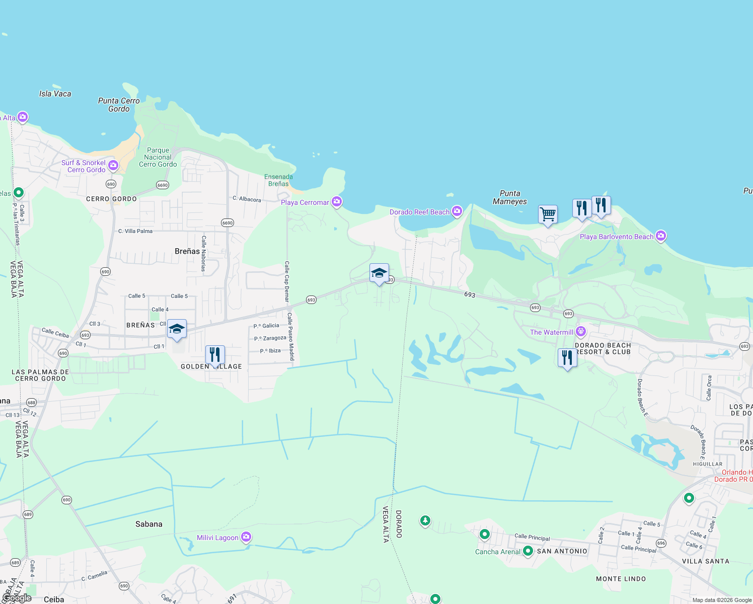 map of restaurants, bars, coffee shops, grocery stores, and more near Highway 693 in Dorado