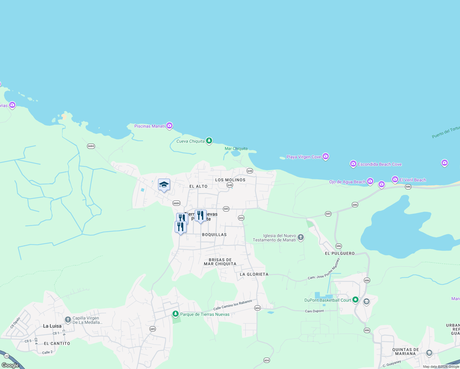 map of restaurants, bars, coffee shops, grocery stores, and more near Prairie-684 in Manatí