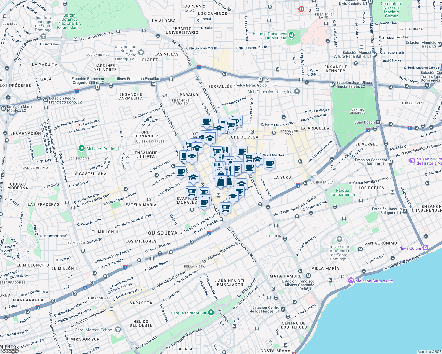 map of restaurants, bars, coffee shops, grocery stores, and more near Calle Lic. Porfirio Herrera in Santo Domingo