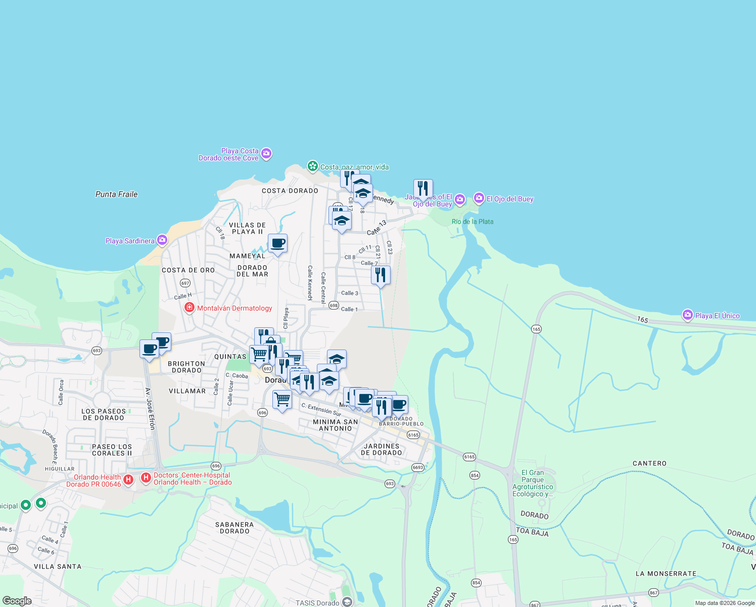 map of restaurants, bars, coffee shops, grocery stores, and more near 12 Calle 2 in Dorado