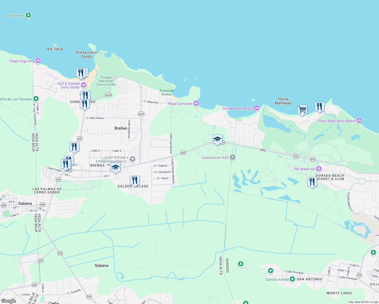 map of restaurants, bars, coffee shops, grocery stores, and more near 301 Highway 693 in Sabana