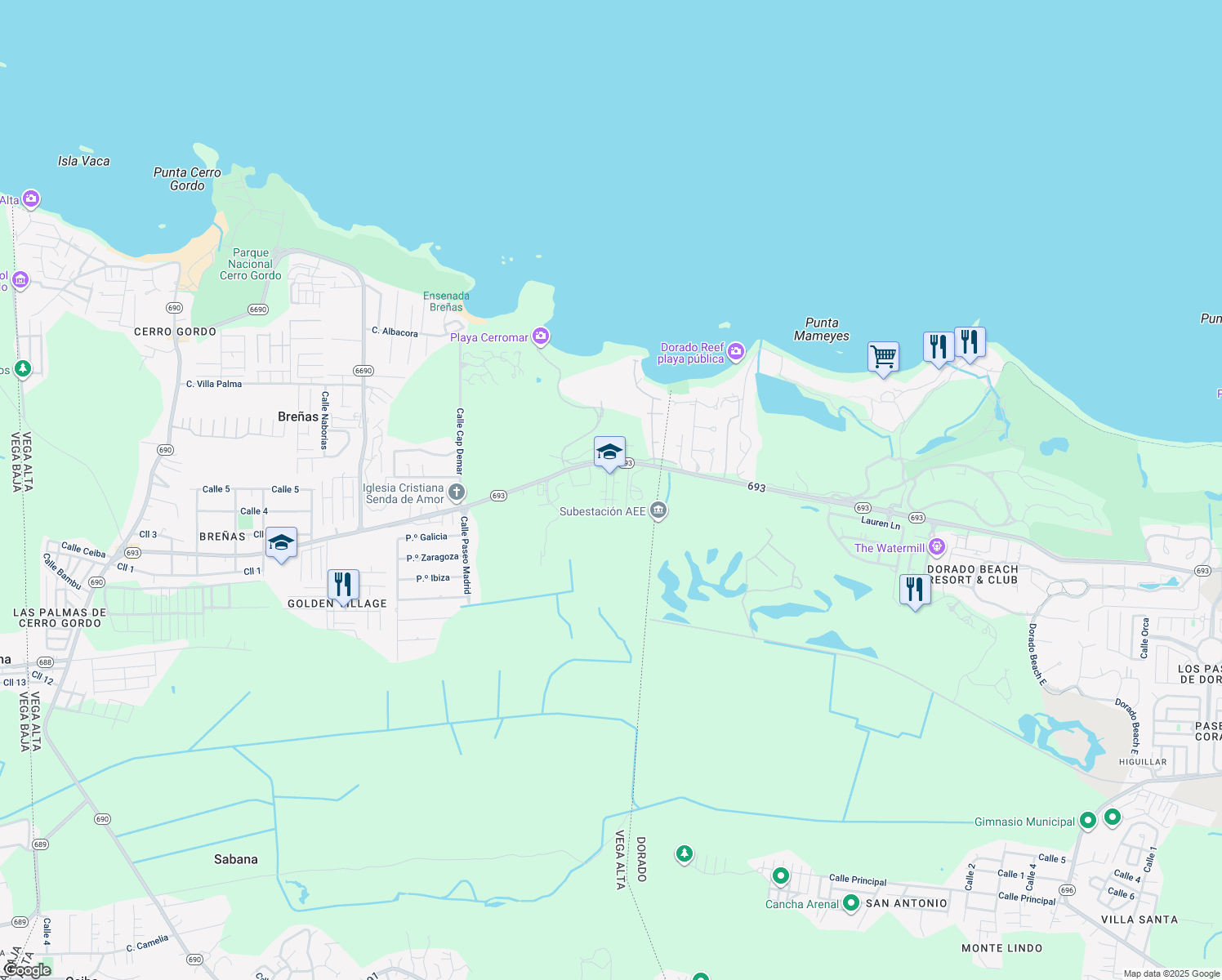 map of restaurants, bars, coffee shops, grocery stores, and more near Highway 693 in Dorado