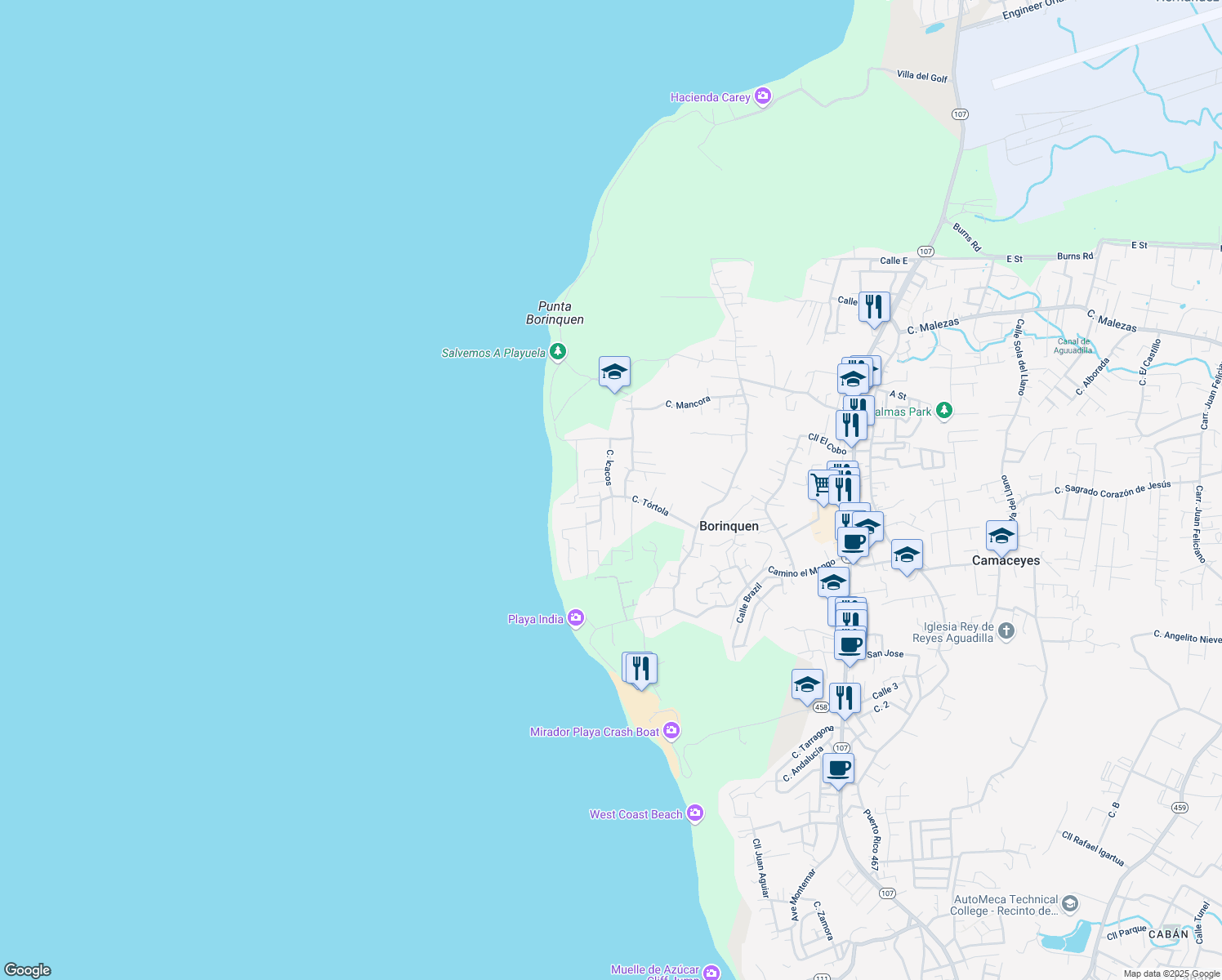map of restaurants, bars, coffee shops, grocery stores, and more near Unnamed Rd in Aguadilla Pueblo
