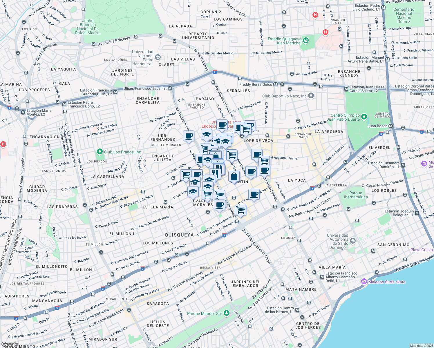 map of restaurants, bars, coffee shops, grocery stores, and more near Calle Andrés Julio Aybar in Santo Domingo