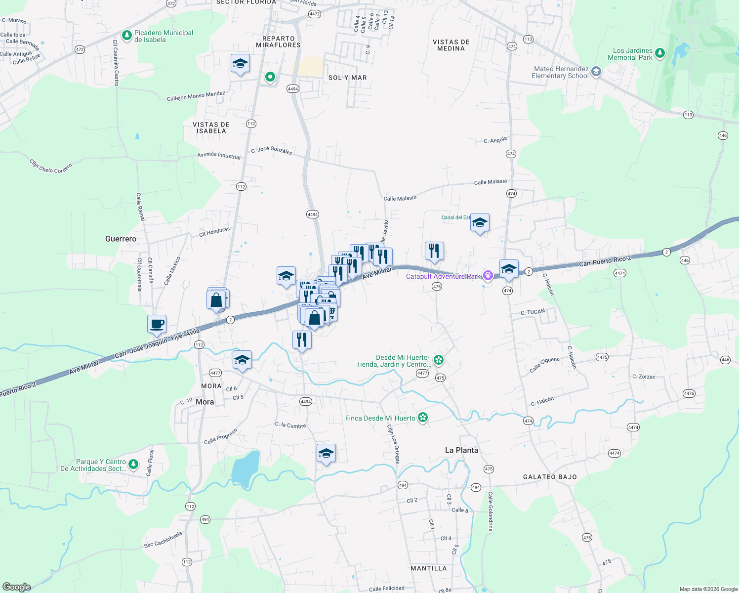 map of restaurants, bars, coffee shops, grocery stores, and more near in Arenales Bajos