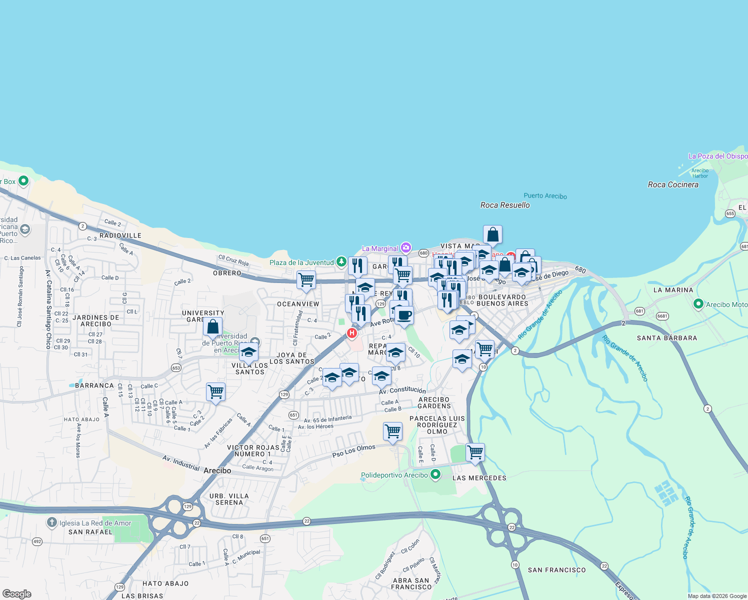 map of restaurants, bars, coffee shops, grocery stores, and more near in Arecibo