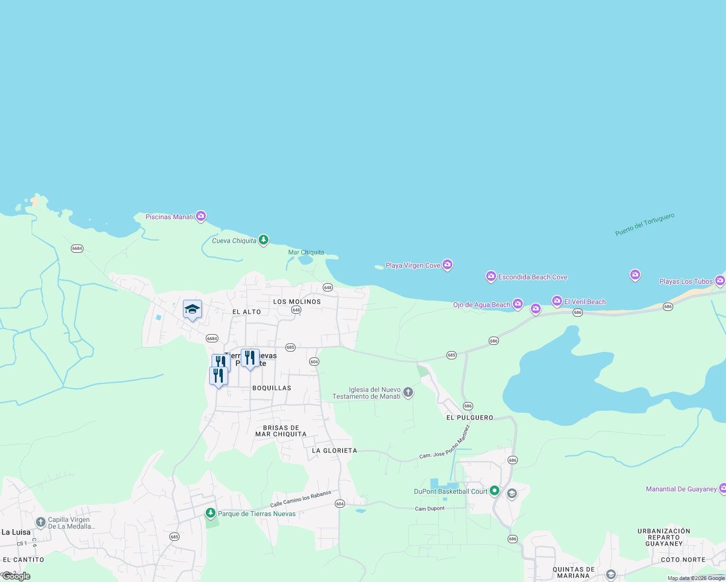 map of restaurants, bars, coffee shops, grocery stores, and more near in Tierras Nuevas Saliente