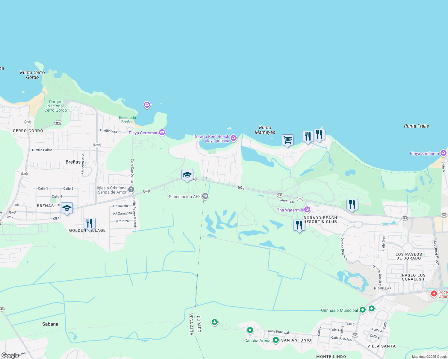 map of restaurants, bars, coffee shops, grocery stores, and more near Boulevar Miramar in Dorado
