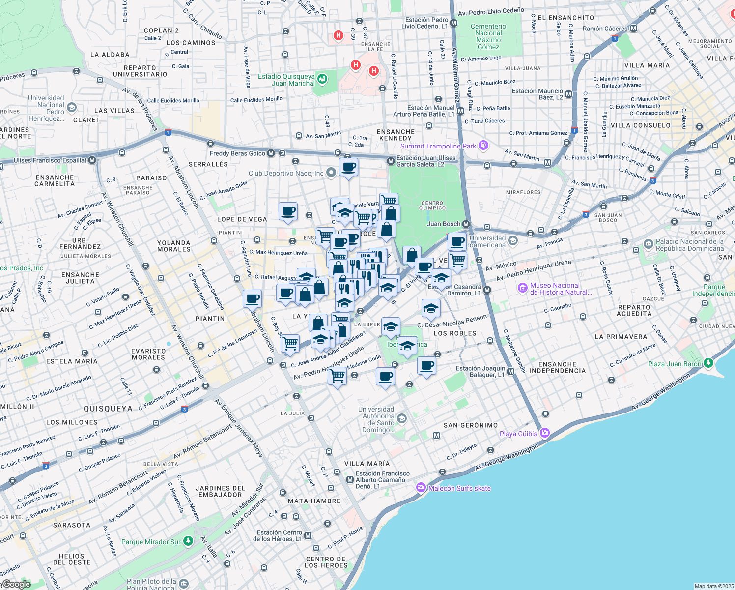 map of restaurants, bars, coffee shops, grocery stores, and more near Calle Mustafá Kemal Ataturk in Santo Domingo