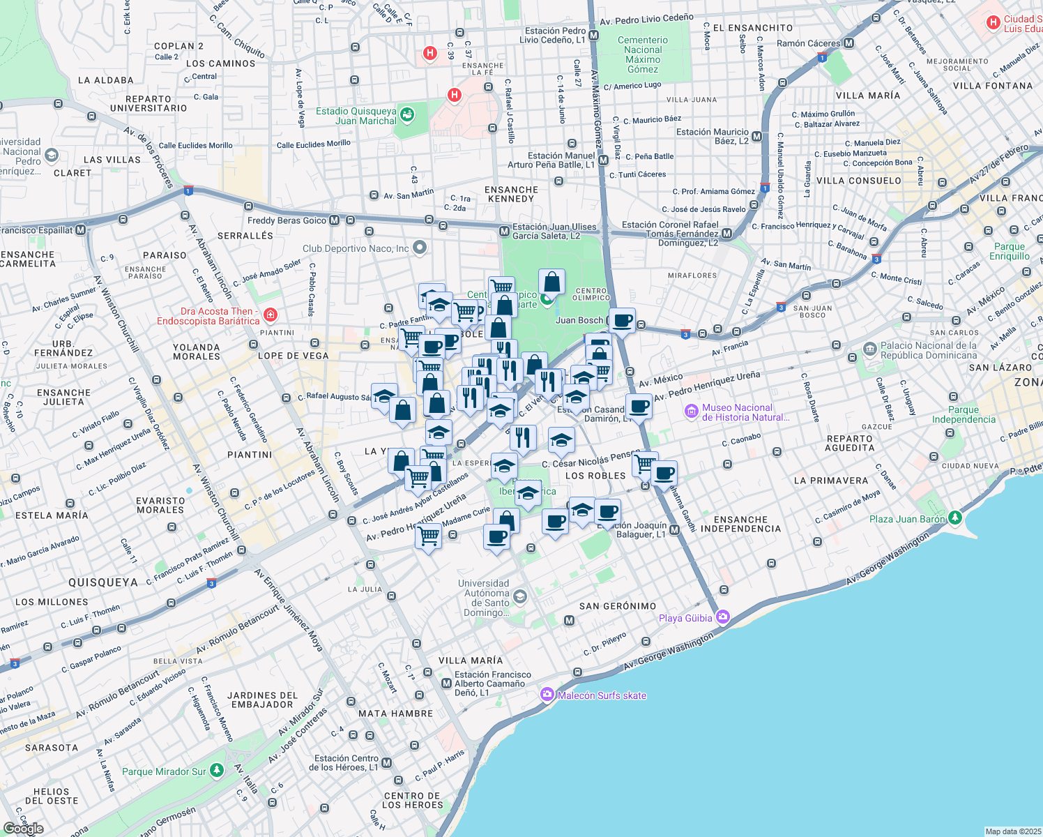 map of restaurants, bars, coffee shops, grocery stores, and more near No. 35 Calle El Vergel in Santo Domingo