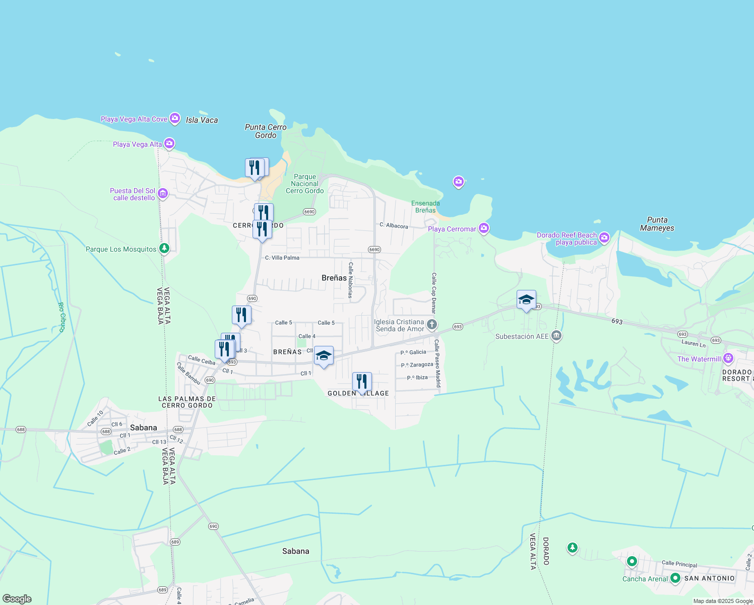map of restaurants, bars, coffee shops, grocery stores, and more near in Vega Alta