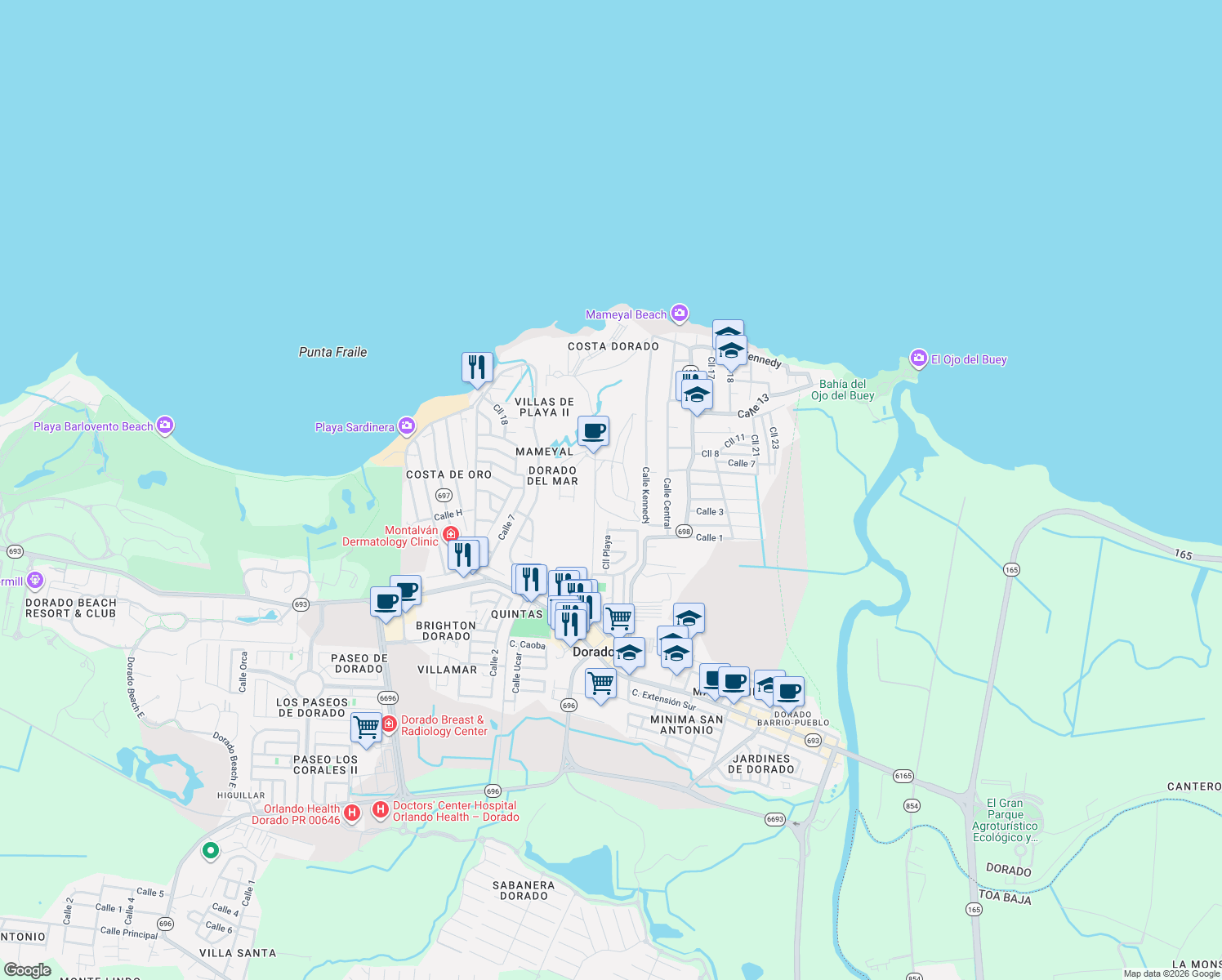 map of restaurants, bars, coffee shops, grocery stores, and more near Calle Boulevard in Dorado