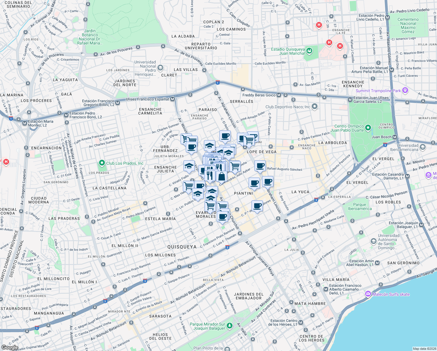 map of restaurants, bars, coffee shops, grocery stores, and more near Calle Freddy Prestol Castillo in Santo Domingo
