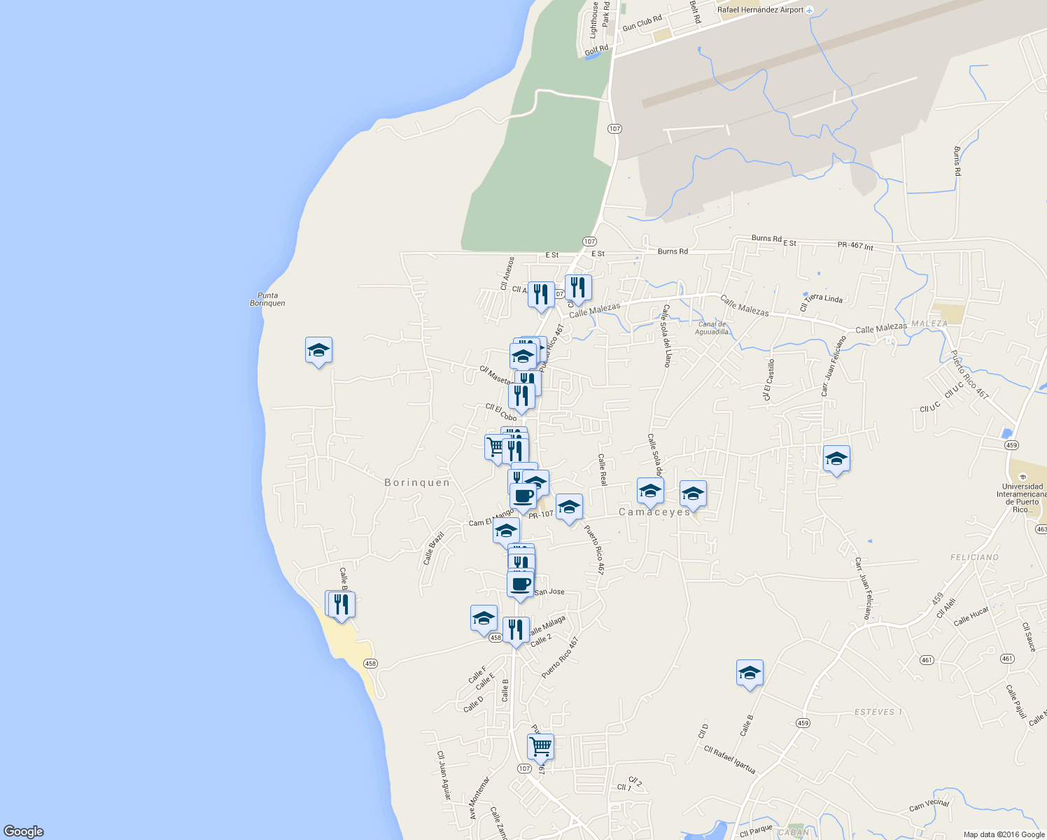map of restaurants, bars, coffee shops, grocery stores, and more near 107 in Aguadilla
