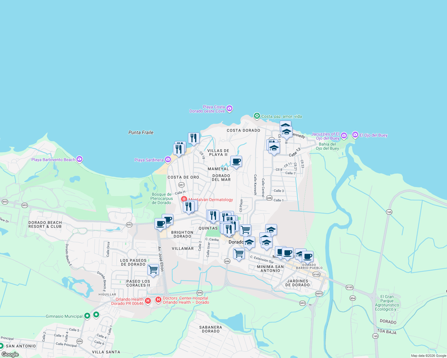 map of restaurants, bars, coffee shops, grocery stores, and more near in Dorado