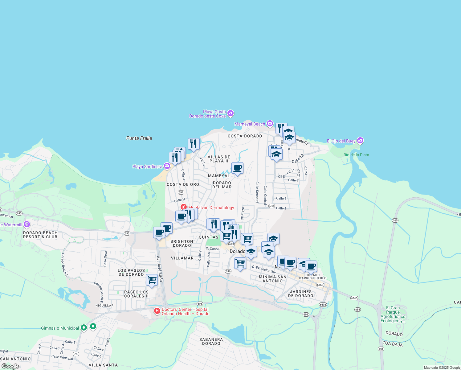 map of restaurants, bars, coffee shops, grocery stores, and more near Calle Blvd in Dorado