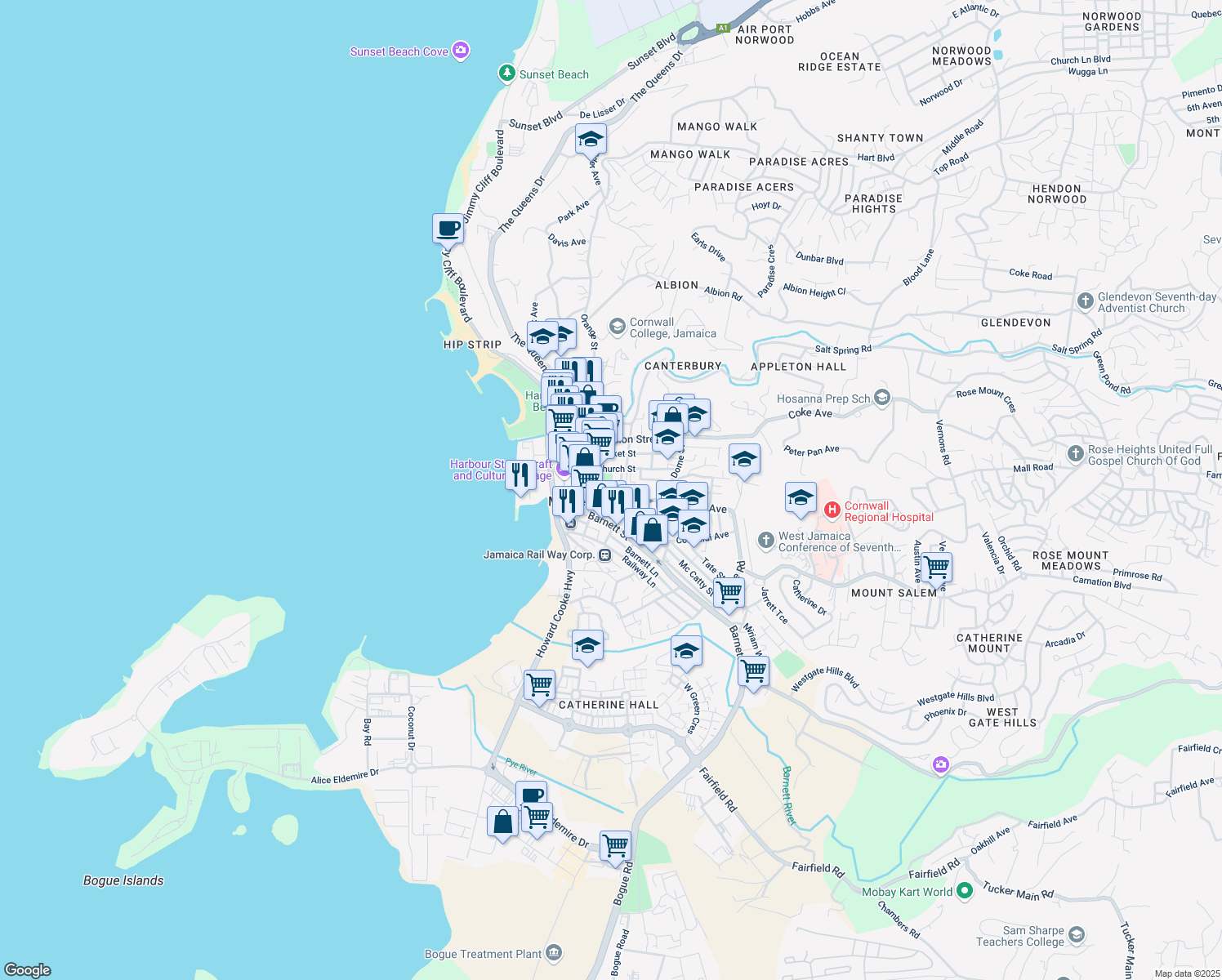 map of restaurants, bars, coffee shops, grocery stores, and more near Payne Street in Montego Bay
