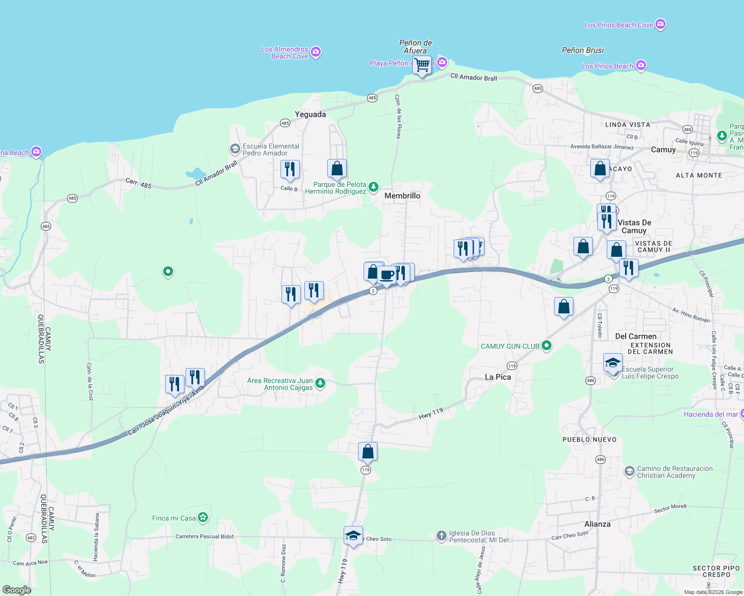 map of restaurants, bars, coffee shops, grocery stores, and more near 2 in Camuy