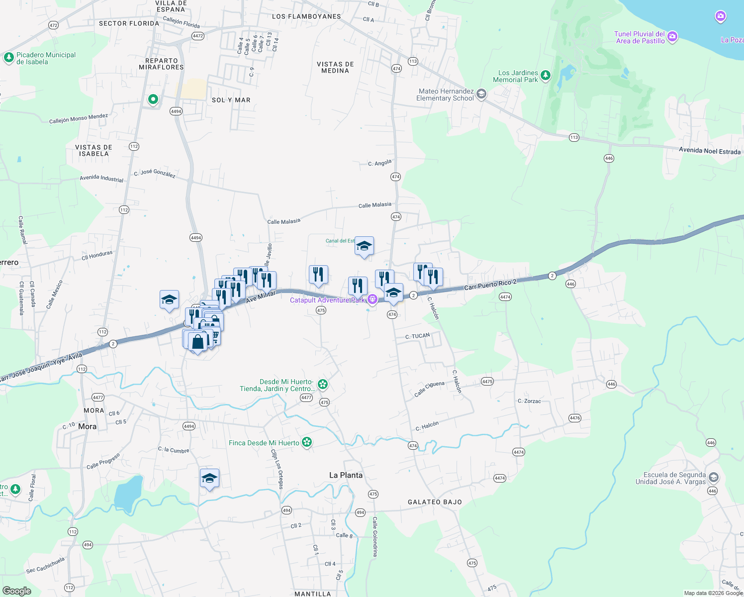map of restaurants, bars, coffee shops, grocery stores, and more near Calle Marginal in Isabela