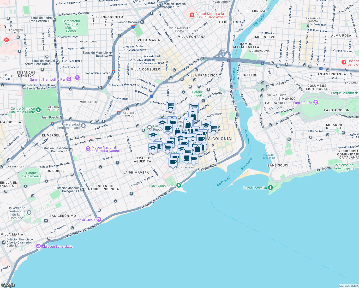 map of restaurants, bars, coffee shops, grocery stores, and more near Avenida Mella in Santo Domingo