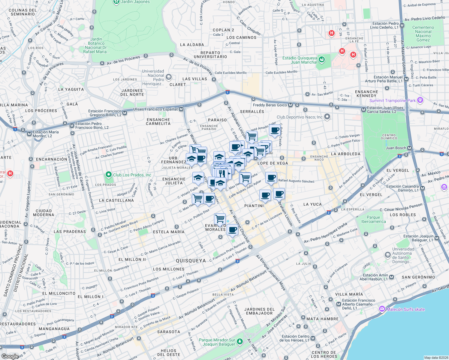 map of restaurants, bars, coffee shops, grocery stores, and more near Avenida Gustavo Mejía Ricart in Santo Domingo