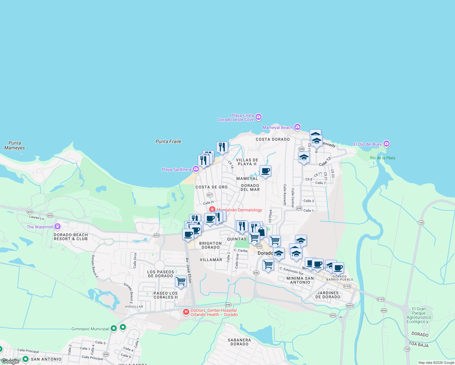 map of restaurants, bars, coffee shops, grocery stores, and more near Cll Las Palmas in Dorado