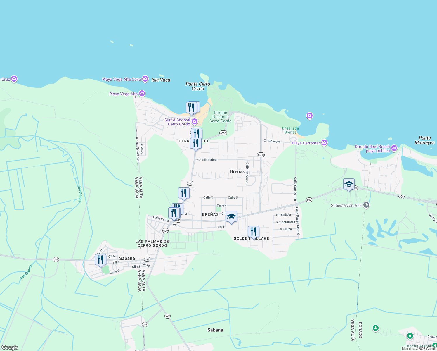 map of restaurants, bars, coffee shops, grocery stores, and more near Calle 7 in Dorado