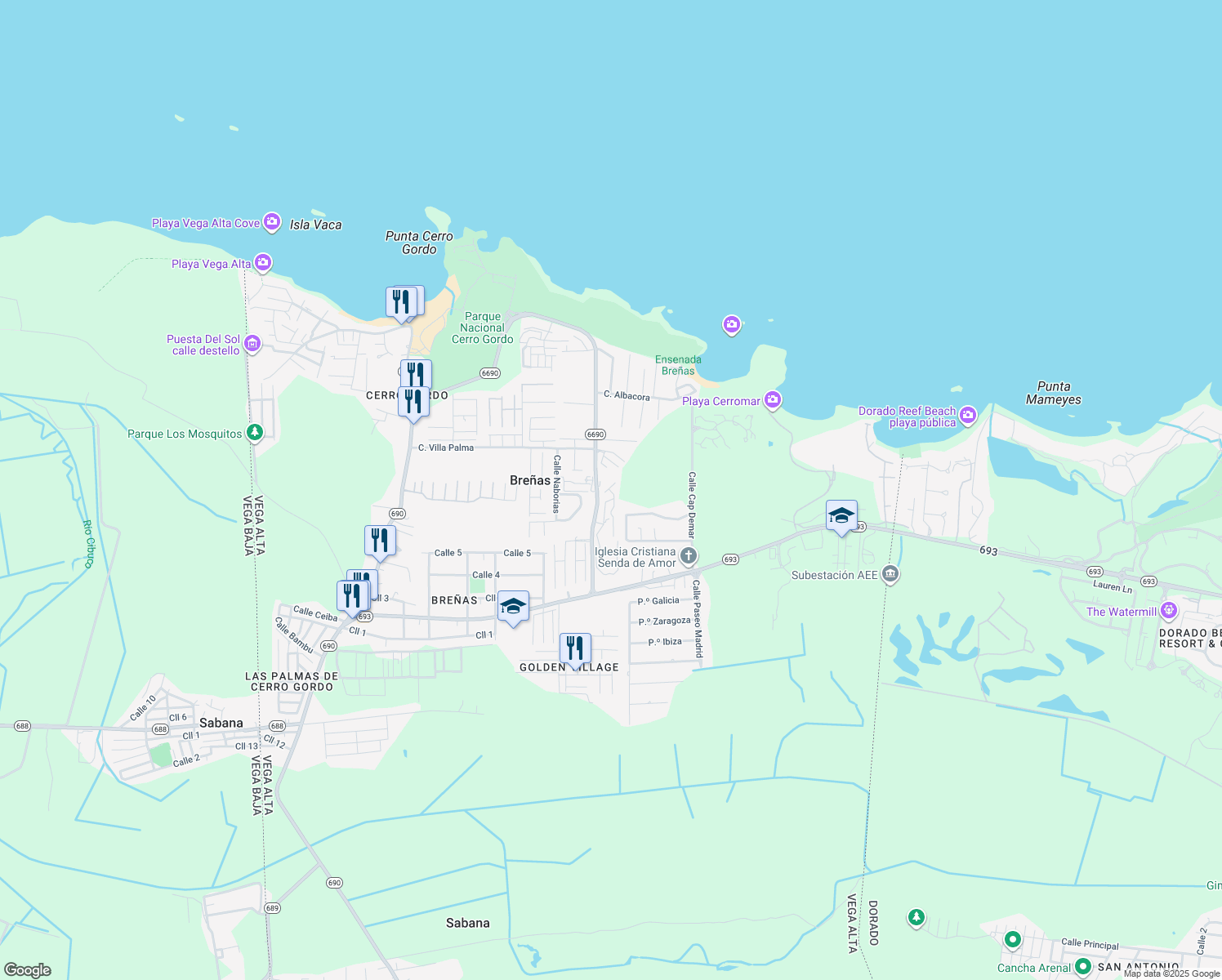 map of restaurants, bars, coffee shops, grocery stores, and more near Puerto Rico 6690 in Dorado