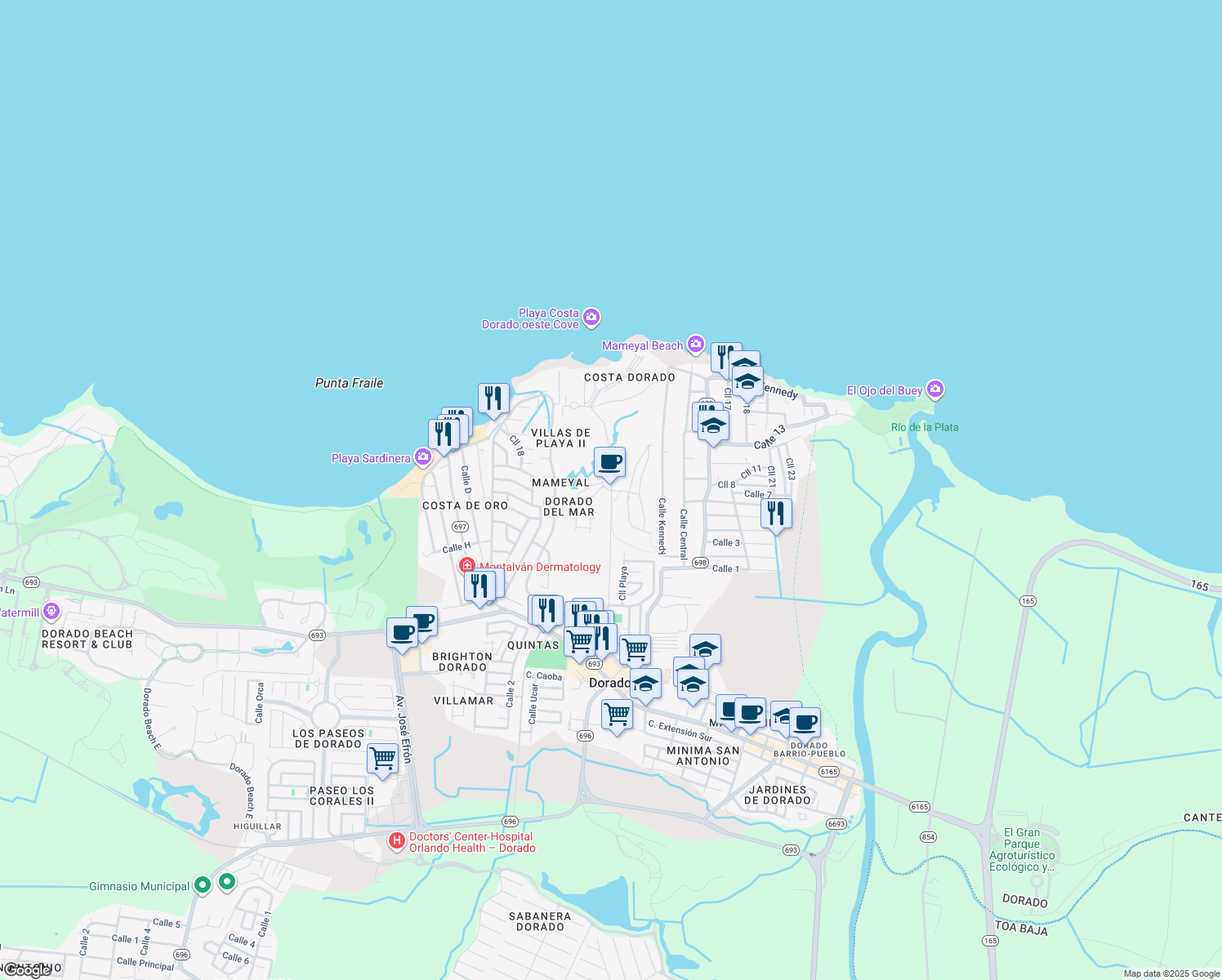 map of restaurants, bars, coffee shops, grocery stores, and more near Calle Boulevard in Dorado
