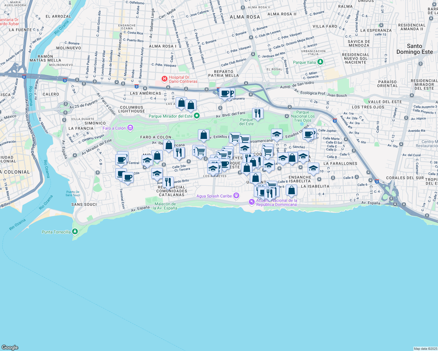 map of restaurants, bars, coffee shops, grocery stores, and more near Avenida Eduardo Brito in Santo Domingo Este