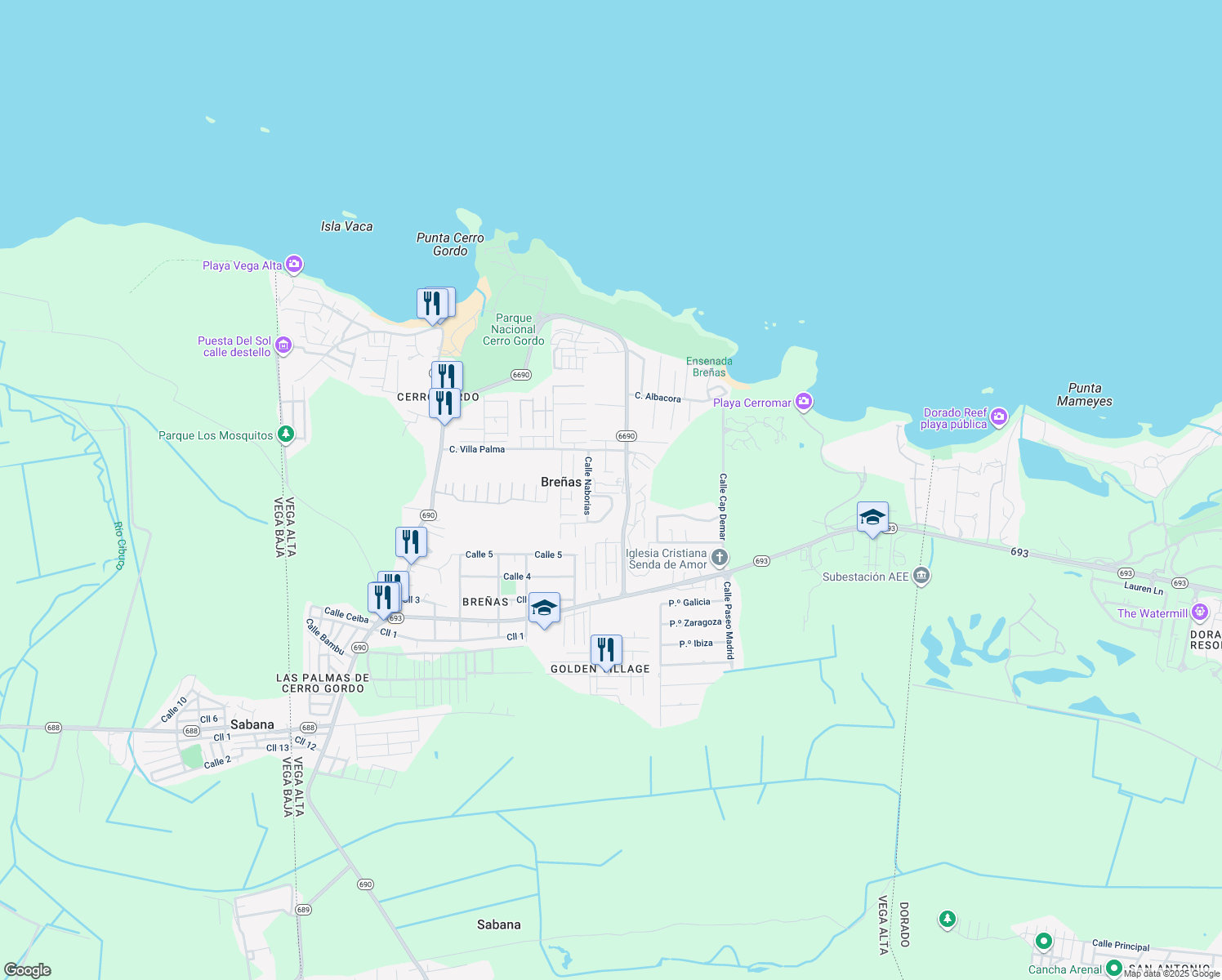 map of restaurants, bars, coffee shops, grocery stores, and more near Calle Palma Real in Dorado