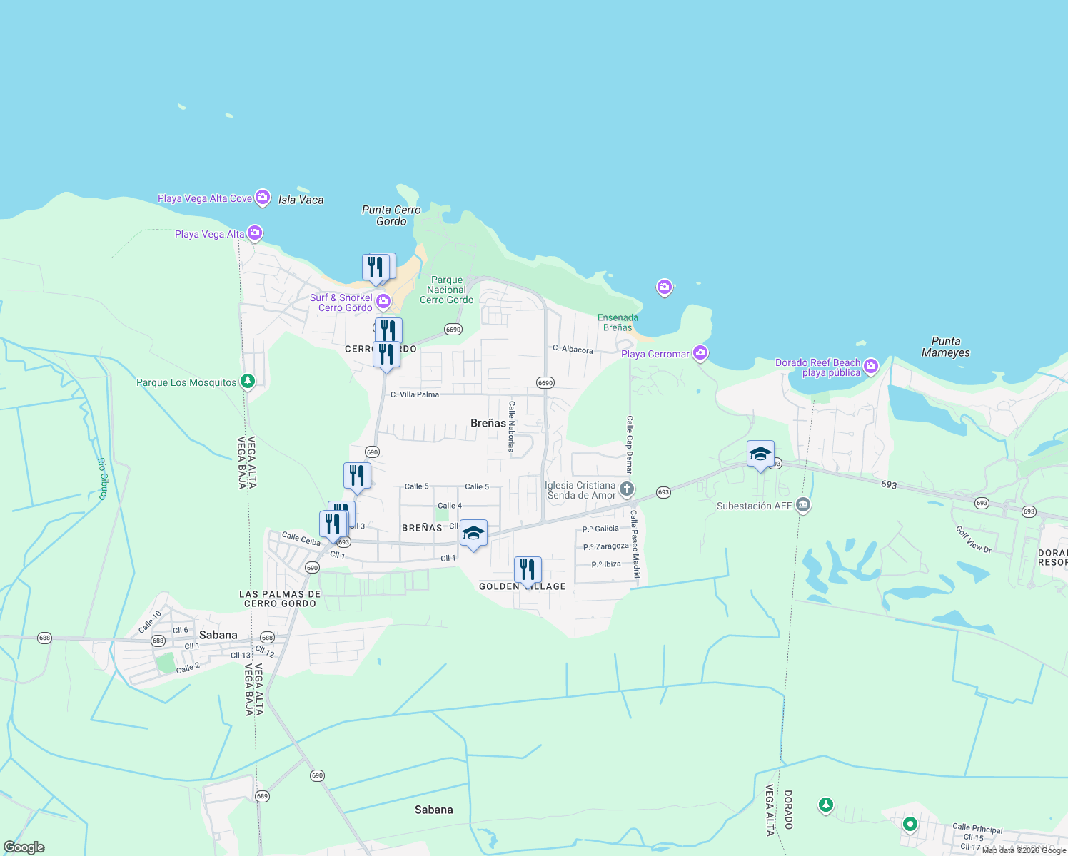 map of restaurants, bars, coffee shops, grocery stores, and more near Calle Palma Real in Dorado