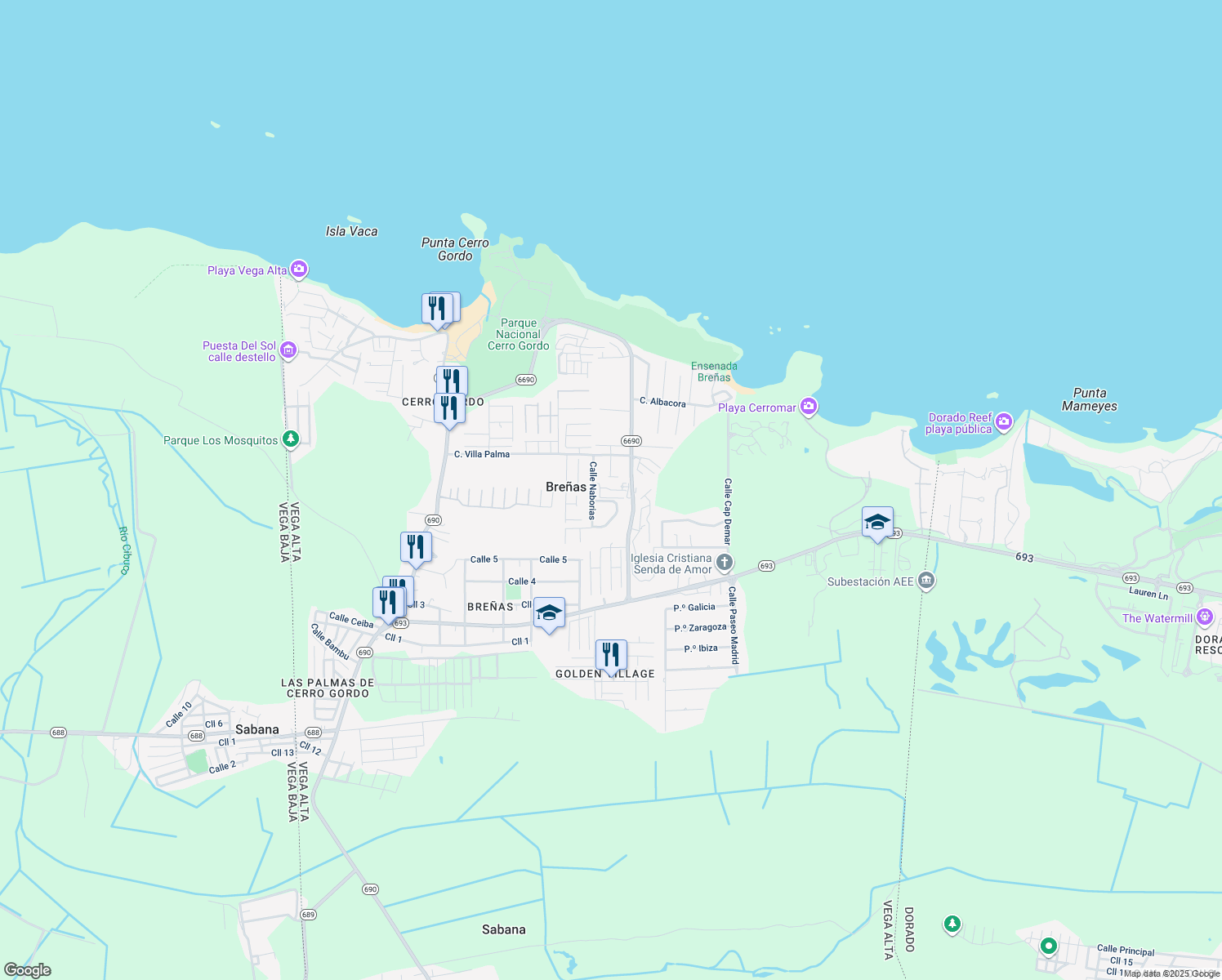 map of restaurants, bars, coffee shops, grocery stores, and more near Calle Palma Real in Dorado
