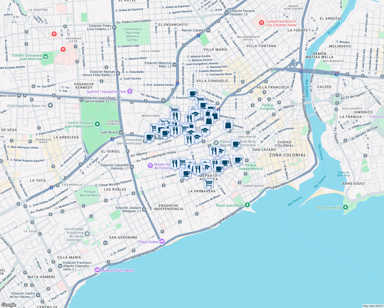 map of restaurants, bars, coffee shops, grocery stores, and more near Calle Manuel Rodriguez Objío in Santo Domingo