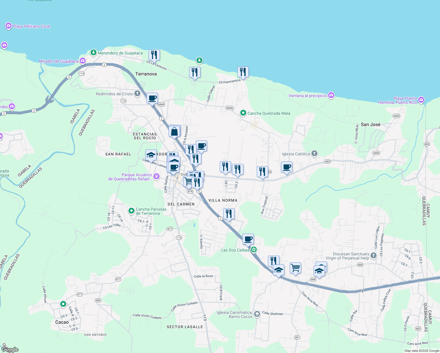 map of restaurants, bars, coffee shops, grocery stores, and more near 6897 485 in Quebradillas