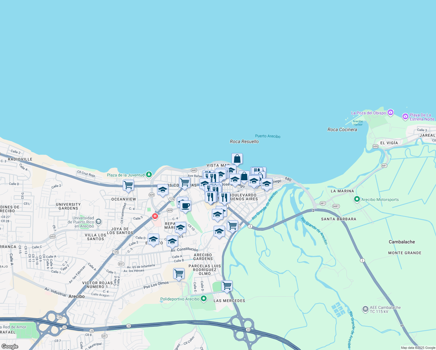map of restaurants, bars, coffee shops, grocery stores, and more near Calle Manuel Perez Aviles in Arecibo