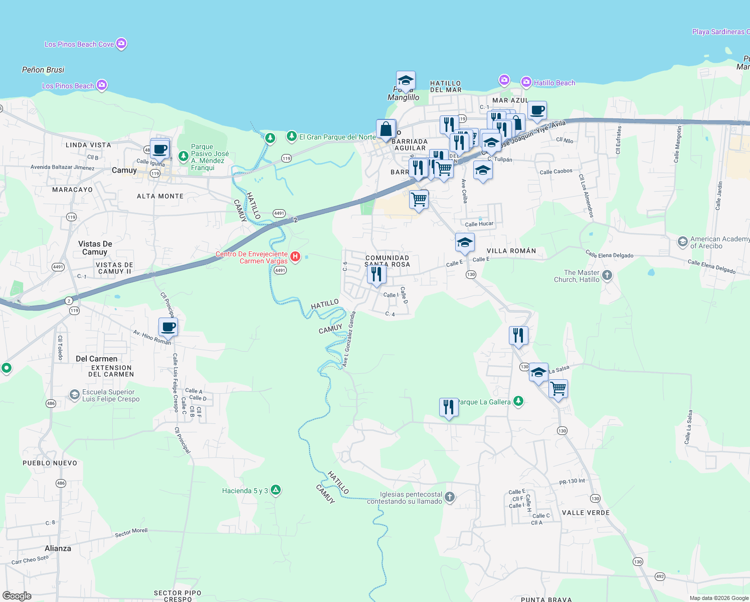 map of restaurants, bars, coffee shops, grocery stores, and more near Calle I in Hatillo