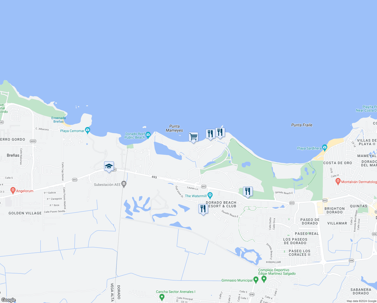 map of restaurants, bars, coffee shops, grocery stores, and more near 200 Dorado Beach East in Dorado