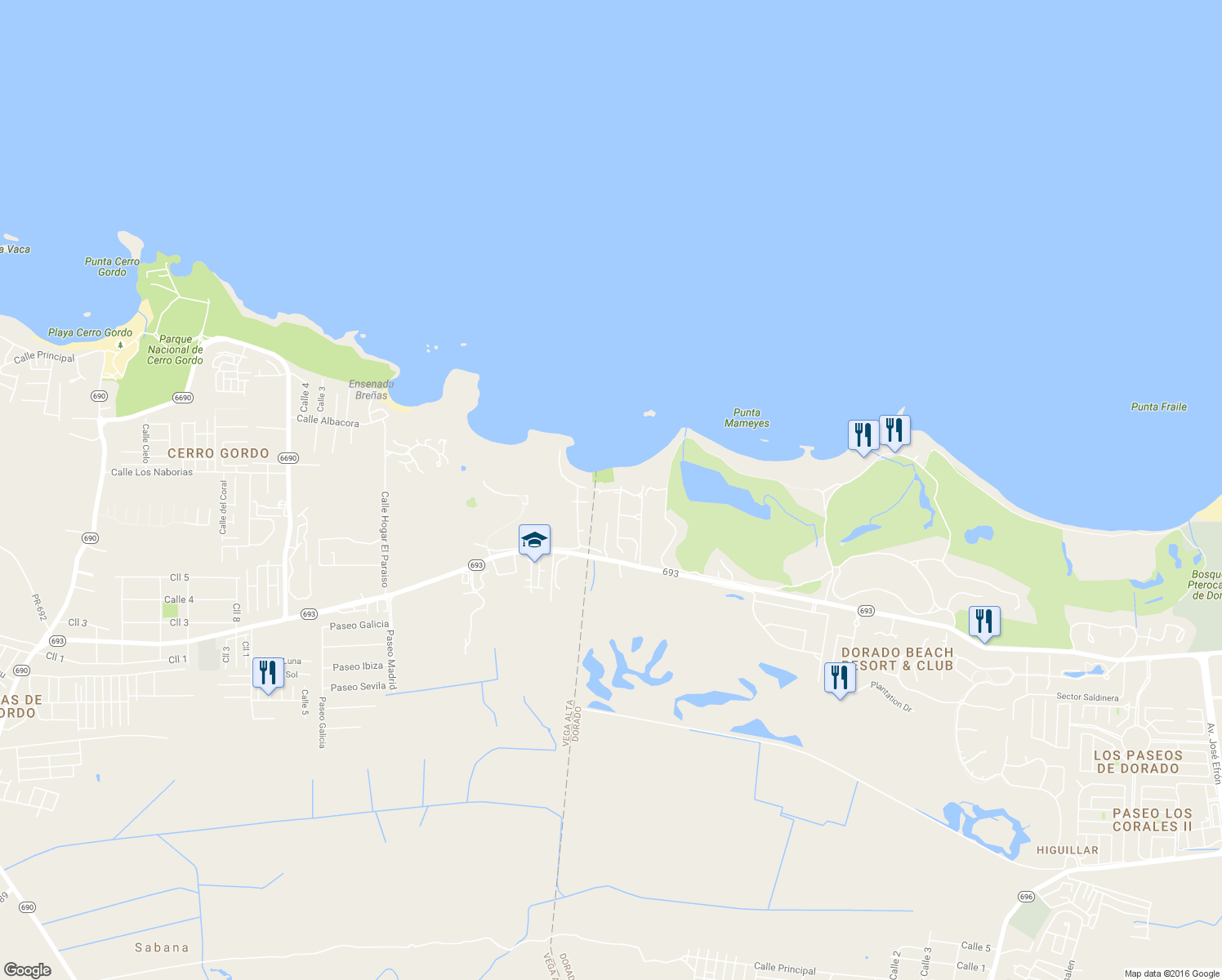 map of restaurants, bars, coffee shops, grocery stores, and more near Calle Arrecife in Dorado