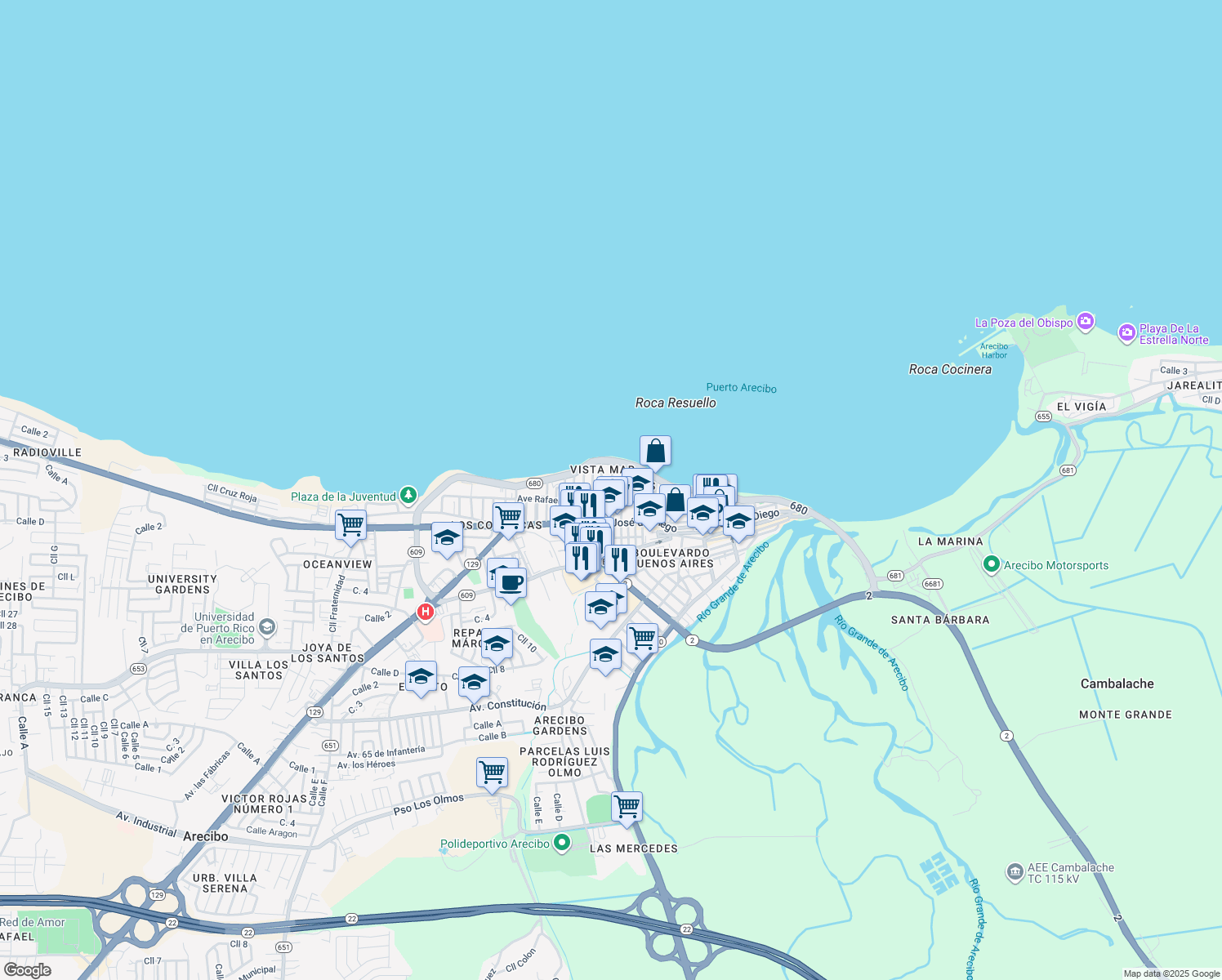 map of restaurants, bars, coffee shops, grocery stores, and more near Calle Manuel Pérez Avilés in Arecibo