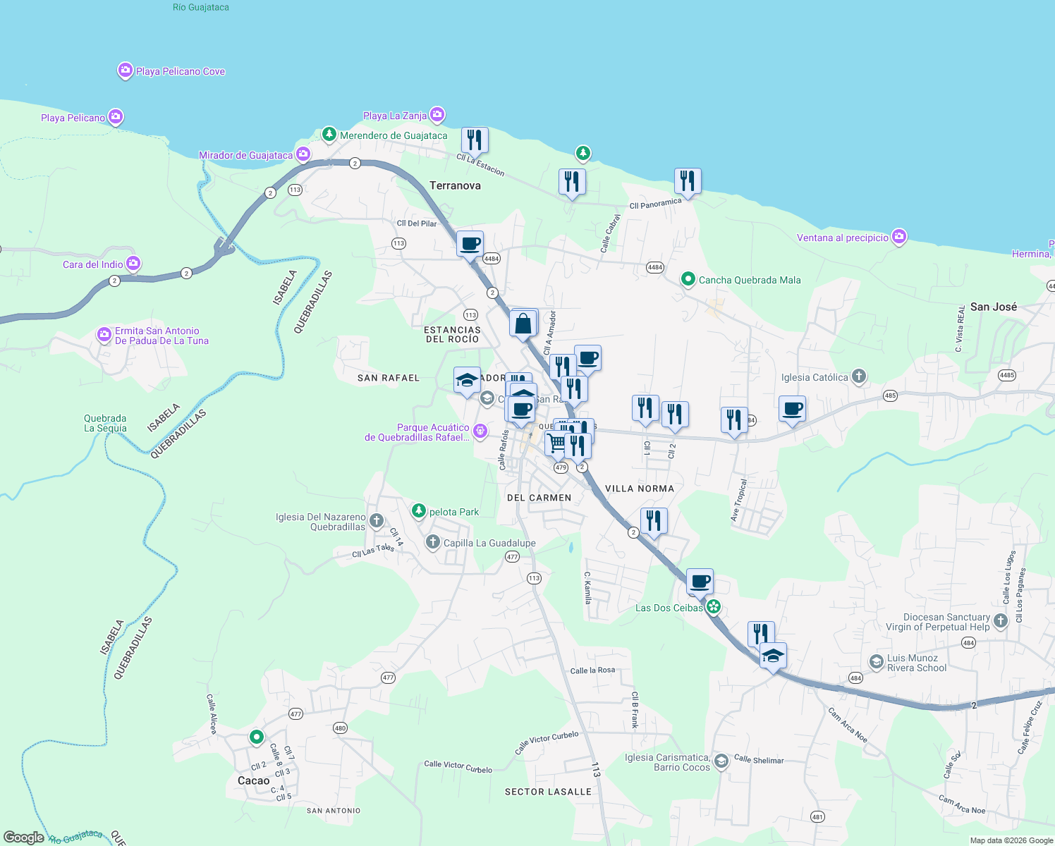 map of restaurants, bars, coffee shops, grocery stores, and more near in Quebradillas