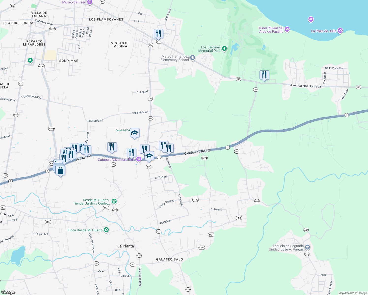 map of restaurants, bars, coffee shops, grocery stores, and more near Calle Marginal in Isabela