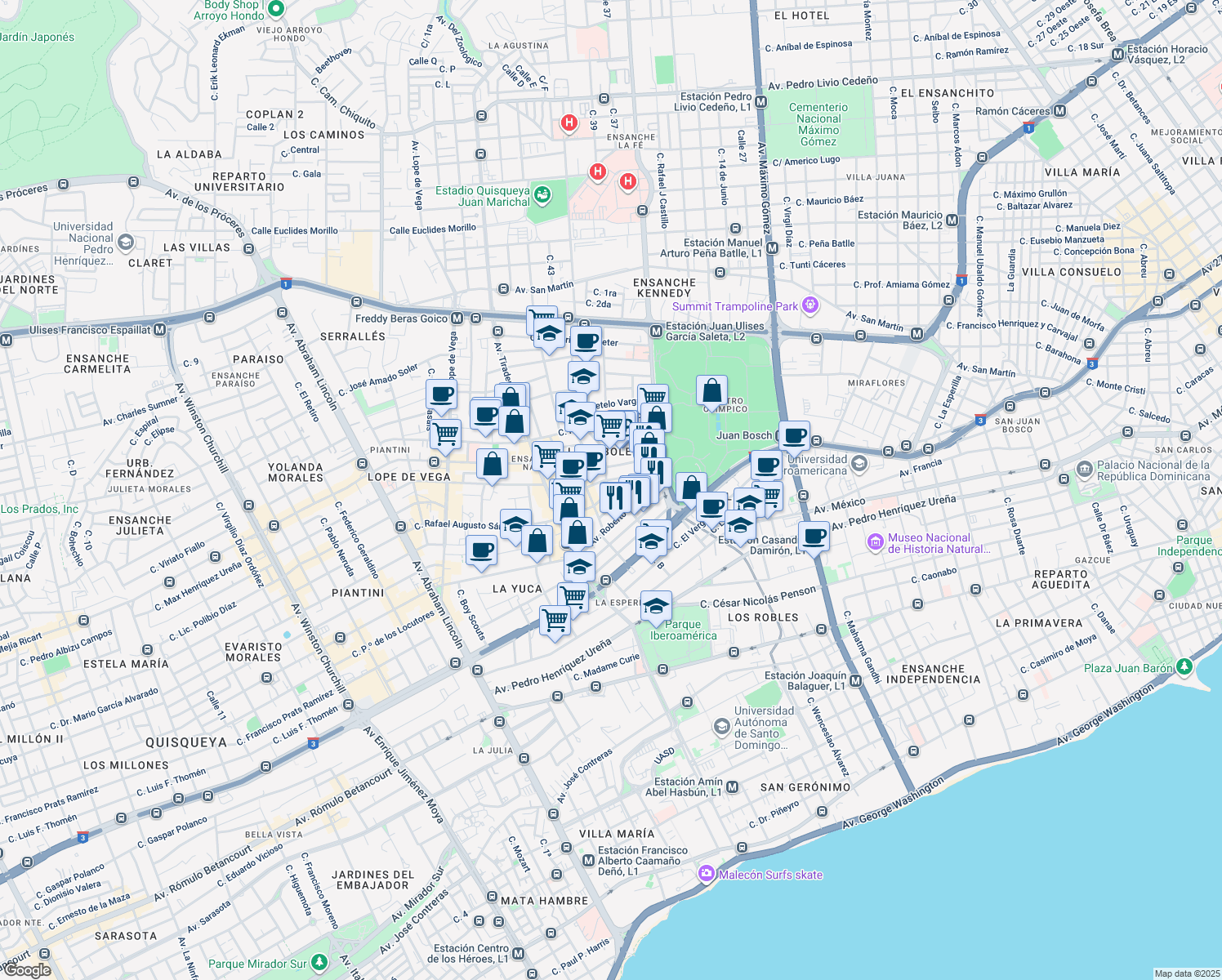 map of restaurants, bars, coffee shops, grocery stores, and more near Calle Luis Alberti in Santo Domingo